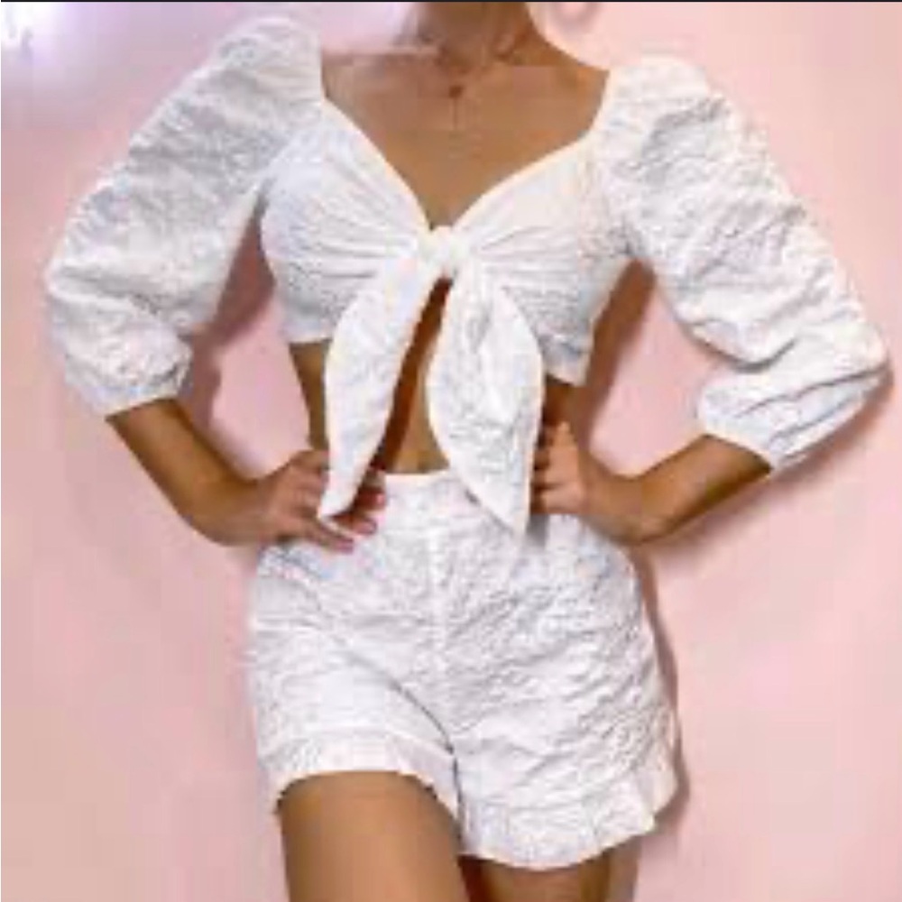 White Textured Crop Top and Shorts Set